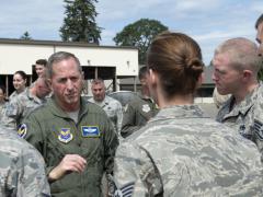 Chief of Staff of the Air Force Gen. David Goldfein, USAF, speaks to airmen at Joint Base Lewis-McChord, Washington, in June 2018. With the advent of the COVID-19 pandemic, Gen. Goldfein is taking steps as part of a second retooling effort for the service to operate over the next year under the "new abnormal" environment. Credit: U.S. Air Force photo by A1C Sara Hoerichs