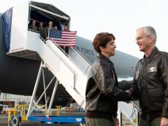 Gen. Jacqueline Van Ovost (l), USAF, who is now the commander of Air Mobility Command, greets the since retired Gen. Paul Selva, USAF, who was vice chairman of the Joint Chiefs of Staff, before they flew the third and fourth delivered KC-46A Pegasus refueling aircraft in January 2019, from Boeing at King County International Airport in Seattle. Credit: DOD Photo by U.S. Army Sgt. James McCann