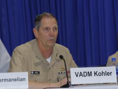 Vice Adm. Matthew Kohler, USN, deputy chief of Naval operations for information warfare and director of Naval intelligence, discusses cyber on a panel at West 2019. Photo by Michael Carpenter