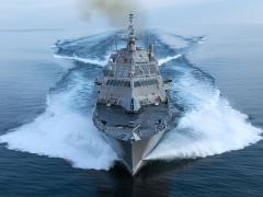 The U.S. Navy commissioned the littoral combat ship (LCS) USS Wichita, LCS-13, on January 12. Lockheed Martin Corp. and its team, including Fincantieri Marinette Marine, built the Freedom-variant ship, pictured conducting acceptance trials in Lake Michigan in July 2018. The Navy has tapped the team to build an additional Freedom-variant ship, LCS-31, under a contract option exercised on January 15. U.S. Navy photo courtesy of Lockheed Martin Corp.