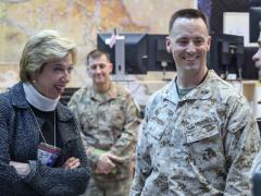 Undersecretary of Defense for Acquisition and Sustainment Ellen M. Lord, who spoke to WEST attendees via video link, meets key staff members of the Combined Joint Task Force–Operation Inherent Resolve in Iraq. U.S. Army photo by Staff Sgt. Desmond Cassell