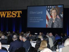 Undersecretary of Defense for Acquisition and Sustainment Ellen M. Lord addresses WEST attendees via video link. Photo by Michael Carpenter