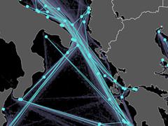 Researchers are tackling maritime situational awareness challenges on multiple fronts. This traffic graph and density map, extracted from automated identification system data of ship routes in the Ionian Sea, aids in establishing a baseline for maritime traffic analysis and prediction.  Artwork by Centre for Maritime Research and Experimentation/ Data Knowledge and Operational Effectiveness