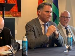 Richard Marles (c), deputy prime minister of Australia and their minister of defense speaks at the Australian Embassy on July 14 about the new government’s plans to strengthen the AUKUS alliance with the United States and the United Kingdom to increase technology collaboration.
