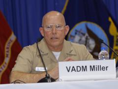 Vice Adm. DeWolfe Miller III, USN, commander, Naval Air Forces/commander, Naval Air Force, Pacific Fleet, serves on a panel at West 2019. Photo by Michael Carpenter