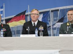 Last week, Canadian Forces Lt. Gen. Christian Juneau, deputy commander of the Allied Joint Force Command in Naples (l); Adm. James Foggo, USN, commander of the Allied Joint Force Command in Naples (c) ;and Lt. Gen. Rune Jakobsen, commander of the Norwegian Joint Headquarters in Bodo, Norway, outline plans for Trident Juncture, one of the largest joint defensive exercise that NATO has ever held.