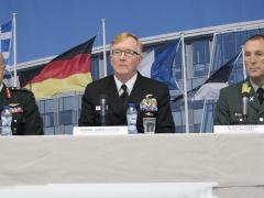 Last week, Canadian Forces Lt. Gen. Christian Juneau, deputy commander of the Allied Joint Force Command in Naples (l); Adm. James Foggo, USN, commander of the Allied Joint Force Command in Naples (c) ;and Lt. Gen. Rune Jakobsen, commander of the Norwegian Joint Headquarters in Bodo, Norway, outline plans for Trident Juncture, one of the largest joint defensive exercise that NATO has ever held.