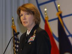 Vice Adm. Nancy Norton, USN, DISA director and commander of JFHQ-DODIN, speaks at the AFCEA Defensive Cyber Operations Symposium.