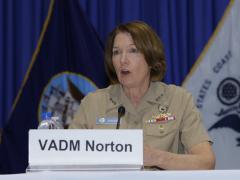 Vice Adm. Nancy Norton, USN, DISA director and commander, JFHQ-DODIN, discusses information warfare on a panel at West 2019. Photo by Michael Carpenter