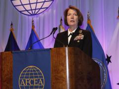 Vice Adm.Nancy Norton, USN, director, DISA, and commander, JFHQ-DODIN, addresses the TechNet Cyber conference. Photo by Michael Carpenter