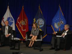 (l-r) Gordon R. England, former secretary of the Navy; Ellen Lord, president and CEO, Textron Systems Corporation; and Jerry DeMuro, president and CEO, BAE Systems, discuss the challenges of defense information technology acquisition at West 2015.
