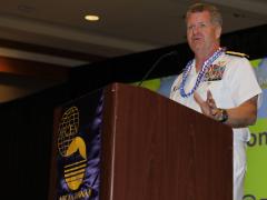 Adm. Samuel J. Paparo, USN, commander, U.S. Pacific Fleet, describes the solution to the ongoing threat to the international rules-based order at TechNet Indo-Pacific. Credit: Tony Grillo photo