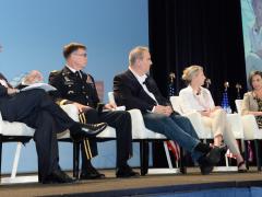 Describing U.S. actions against cyber attacks at the AFCEA/INSA Intelligence and National Security Summit are (l-r) panel moderator David Sanger, The New York Times; Lt. Gen. Stephen G. Fogarty, USA, commander, U.S. Army Cyber Command; Rick Howard, chief security officer, Palo Alto Networks; Jeanette Manfra, assistant director for cybersecurity, DHS; and Tonya Ugoretz, deputy assistant director for cyber, FBI. Credit: Herman Farrer Photography
