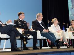 Describing U.S. actions against cyber attacks at the AFCEA/INSA Intelligence and National Security Summit are (l-r) panel moderator David Sanger, The New York Times; Lt. Gen. Stephen G. Fogarty, USA, commander, U.S. Army Cyber Command; Rick Howard, chief security officer, Palo Alto Networks; Jeanette Manfra, assistant director for cybersecurity, DHS; and Tonya Ugoretz, deputy assistant director for cyber, FBI. Credit: Herman Farrer Photography