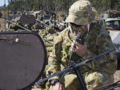 An Australian signalman communicates during Exercise Talisman Saber 17. The joint exercise with the United States is a vital part of Australia’s efforts to improve communications and information systems interoperability as it modernizes its force.