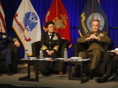 (r-l) Vice Adm. Peter H. Daly, USN (Ret.), CEO of the U.S. Naval Institute, moderates a panel featuring Gen. Joseph F. Dunford Jr., USMC, commandant of the Marine Corps; Adm. Michelle J. Howard, USN, vice chief of naval operations; and Adm. Paul F. Zukunft, USCG, commandant of the Coast Guard.
