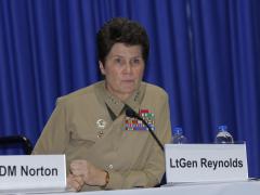 Lt. Gen. Loretta Reynolds, USMC, deputy commandant of information for the Marine Corps, talks about the importance of the information domain during a panel at West 2019. Photo by Michael Carpenter