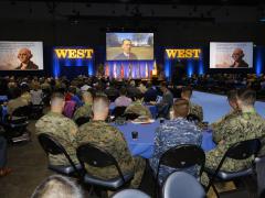 Adm. John Richardson, USN, chief of naval operations, speaks to the West 2019 audience via videoconference.