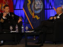 Adm. Michael Rogers, USN (l), and Adm. James Stavridis, USN (Ret.), discuss national security issues during day three of the West 2017 conference in San Diego. Photo by Mike Carpenter