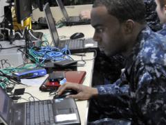 A U.S. sailor aboard the amphibious assault ship USS Boxer sets up a virtual server administrator account during a training course provided by the Space and Naval Warfare Systems (SPAWAR) Command. The command furnishes fleets with fly-away network operations support teams that offer tailored, hands-on information technology and information assurance training to maintain command, control, communications and computers readiness.