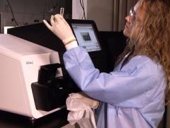 Researcher Elizabeth Montano prepares DNA samples to be analyzed by next-generation sequencing (NGS) technology. She has performed forensic genomics research and development at Battelle in Columbus, Ohio, for three years.