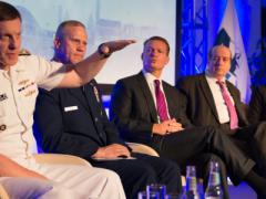 Adm. Michael Rogers, USN, commander of U.S. Cyber Command and director of the National Security Agency (l), talks about NATO’s enduring quest for cyber solutions and effective means of deterring attacks during a panel discussion at NITEC 2016 cyber conference held in Tallinn, Estonia, in June.