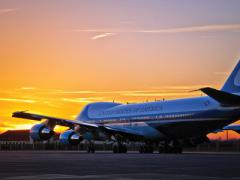 Air Force One departs Maxwell Air Force Base in March. The Air Force eventually will replace the aircraft with 747s—but not until 2023.