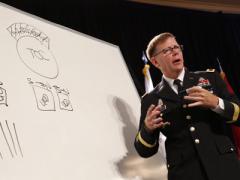Maj. Gen. Stephen Fogarty, USA, commanding general of the U.S. Army Cyber Center of Excellence at Fort Gordon, Georgia, takes to the whiteboard to illustrate dysfunctional stovepipes that keep military disciplines from sharing information and missions.