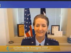 Lt. Gen. Nina M. Armagno, USSF, director of staff of the Office of the Chief of Space Operations of the U.S. Space Force, delivers a keynote address at West 2021 on Wednesday celebrating AFCEA's 8th annual Women's Appreciation event. 