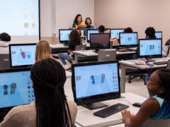 Attendees from the annual Girls Day Out (GDO) learn about 3D modeling and printing at the College of Charleston in 2018. More than 100 girls from four Lowcountry school districts attended the camp, hosted by Space and Naval Warfare Systems Center (SSC) Atlantic in collaboration with Trident Technical College via Cyber Secure, College of Charleston, Bosch, Naval Health Clinic Charleston, Paul Mitchell the School Charleston, and Nucor Steel Berkeley. U.S. Navy photo by Joe Bullinger/Released