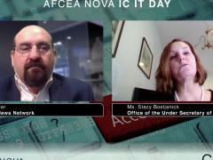 Stacy Bostjanick (r), director of CMMC, Office of the Under Secretary of Defense (A&S), warns of CMMC certification companies that are not themselves certified in a discussion at AFCEA NOVA Intelligence Community IT Day.