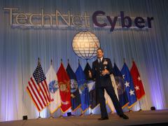 Lt. Gen. Robert Skinner, USAF, director, DISA, and commander, JFHQ-DODIN, answers audience questions at TechNet Cyber 2021 in Baltimore. Photo by Michael Carpenter
