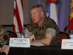 MGySgt. Scott Stalker, USMC, discusses partnerships and cyber on a panel at TechNet Augusta 2021. Photo by Michael Carpenter