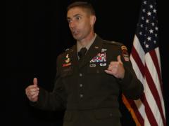 Brig. Gen. Paul Stanton, commander, U.S. Army Cyber Center of Excellence, speaks at CERTS 2022. Photo by Michael Carpenter