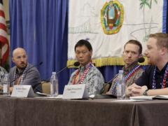 A Young AFCEAN-sponsored panel previewing the future of military data intelligence features (l-r) Brandon Lester, SRC Technologies; Mike Henry, The MITRE Corporation; Vincent Lee, Leeward Community College; Robert J. Runser; NSA Hawaii; and Chuck Weissenborn, Symantec. Credit: Bob Goodwin Photography