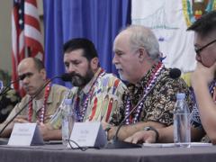 TechNet Asia-Pacific 2018 panelists discussing coalition interoperability are (l-r) Capt. Ron Gumbert, USN (Ret.), Gartner; Capt. Allen Edmiston, USN, U.S. Indo-Pacific Command; Mark Fox, Amazon Web Services; Frank T. Quick, MITRE National Security Sector; and Lt. Col. Van Thai, USAF, DKI APCSS.