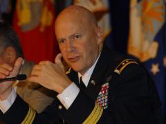 Maj. Gen. John Morrison Jr., USA, commanding general of the Army Cyber Center of Excellence, moderates a panel at the AFCEA TechNet Augusta conference. Photo by Michael Carpenter