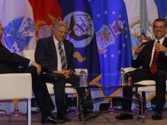 From l-r, Robert K. Ackerman, SIGNAL editor in chief, moderates a TechNet Cyber luncheon plenary with speakers Tony Montemarano, DISA executive deputy director, and Jeffrey Jones, executive director, JFHQ-DODIN. Photo by Michael Carpenter