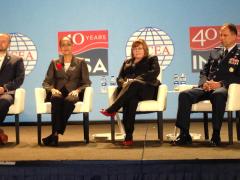 Exploring the need for intelligence in the newly emphasized space domain at the AFCEA/INSA Intelligence & National Security Summit on September 5 are (l-r) Chris DeMay, founder and CTO, Hawkeye 360; Stacey Dixon, deputy director, NGA; Tina Harrington, director, SIGINT, NRO; and Maj. Gen. John E. Shaw, USAF, deputy commander, Air Force Space Command.