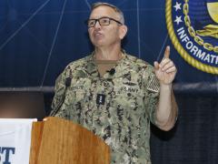 Vice Adm. Jeffrey E. Trussler, USN, deputy chief of naval operations for information warfare and director of Naval Intelligence, describes the rising tide of information warfare at WEST 2022. Photo by Michael Carpenter