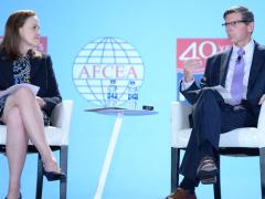 Gen. Joseph Votel, USA (Ret.), former SOCOM and CENTCOM commander, discusses the challenges facing the intelligence community with Michele Flournoy, co-founder of WestExec Advisors, at the Intelligence & National Security Summitt 2019. Credit: Herman Farrer Photography