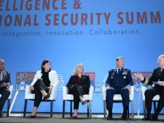 The plenary panel discussion on defense intelligence at the AFCEA/INSA Intelligence & National Security Summit  features (l-r) moderator Lt. Gen. Vincent R. Stewart, USMC (Ret.); Kari Bingen, undersecretary of defense for intelligence, U.S. Defense Department; Suzanne White, deputy director, DIA; Maj. Gen. Jeffrey Kruse, USAF, director of defense intelligence (warfighter support); and Rear Adm. Frank “Trey” Whitworth, USN, J-2, The Joint Staff. Credit: Herman Farrer Photography