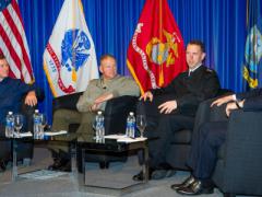 The heads of the three U.S. sea services (from l)—Adm. Paul F. Zukunft, USCG, Gen. Robert B. Neller, USMC, and Adm. John M. Richardson, USN—discuss the challenges they face in a town hall session moderated by Adm. James G. Stavridis, USN (Ret.), at West 2018. Michael Carpenter