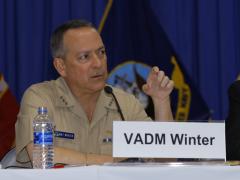 Vice Adm. Mathias Winter, USN, Joint Strike Fighter program director, speaks on a panel at West 2019. Photo by Michael Carpenter
