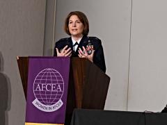 Lt. Gen. Mary O’Brien, USAF, deputy chief of Staff for Intelligence, Surveillance, Reconnaissance and Cyber Effects Operations, delivers the keynote address Wednesday at Women in AFCEA’s Women in the Workforce: A Journey in STEM 2021 conference. Photo by Elizabeth Moon