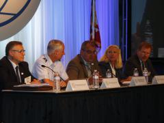 (l-r) Dr. Velizar Shalamanov, NATO Communications and Information Agency; Lt. Gen. Mark O. Schissler, USAF, NATO Military Committee; panel moderator Maj. Gen. Koen Gijsbers, RNA (Ret.), NATO Communications and Information Agency; Melissa Hathaway, Hathaway Global Strategies, and Lt. Gen. Johannes Kert, NATO Cooperative Cyber Defense Center.