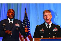 Lt. Gen. Ronnie D. Hawkins Jr., USAF (l), director, Defense Information Systems Agency, and Lt. Gen. Mark S. Bowman, J-6, The Joint Staff, offer presentations at the JIE Mission Partner Symposium.