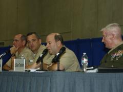 (r-l) Lt. Gen. John Toolan, USMC, commanding general, I Marine Expeditionary Force; Vice Adm. Kenneth E. Floyd, USN, commander, Third Fleet; Vice Adm. Thomas H. Copeman III, USN, commander, Naval Surface Forces; and Vice Adm. David H. Buss, USN, commander, Naval Air Forces, discuss naval strategy.