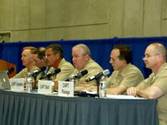 (r-l) Capt. Dale Rielage, USN; Capt. Stuart Belt, USN; Capt. David A. Adams, USN; Capt. James Fanell, USN; Dr. James R. Holmes; and panel moderator Rear Adm. James G. Foggo III, USN, exchange views in a panel titled “What About China?”