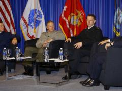 Sea service leaders addressing challenges and opportunities in a town hall format are (l-r) Adm. Paul F. Zukunft, USCG, commandant of the U.S. Coast Guard; Adm. John M. Richardson, USN, chief of naval operations; Gen. Robert B. Neller, USMC, commandant, U.S. Marine Corps; along with moderator Adm. James Stavridis, USN (Ret.), dean, The Fletcher School of Law and Diplomacy, Tufts University.